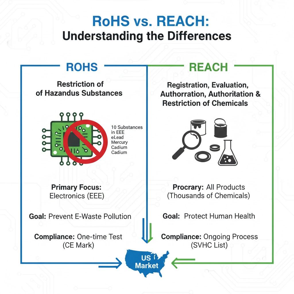 Infographic comparing RoHS and REACH chemical regulations with restricted substance lists and US market compliance