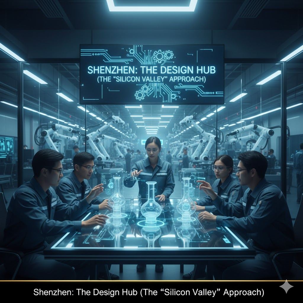 Shenzhen design hub infographic with engineering team reviewing holographic glass flask models beside robot factory