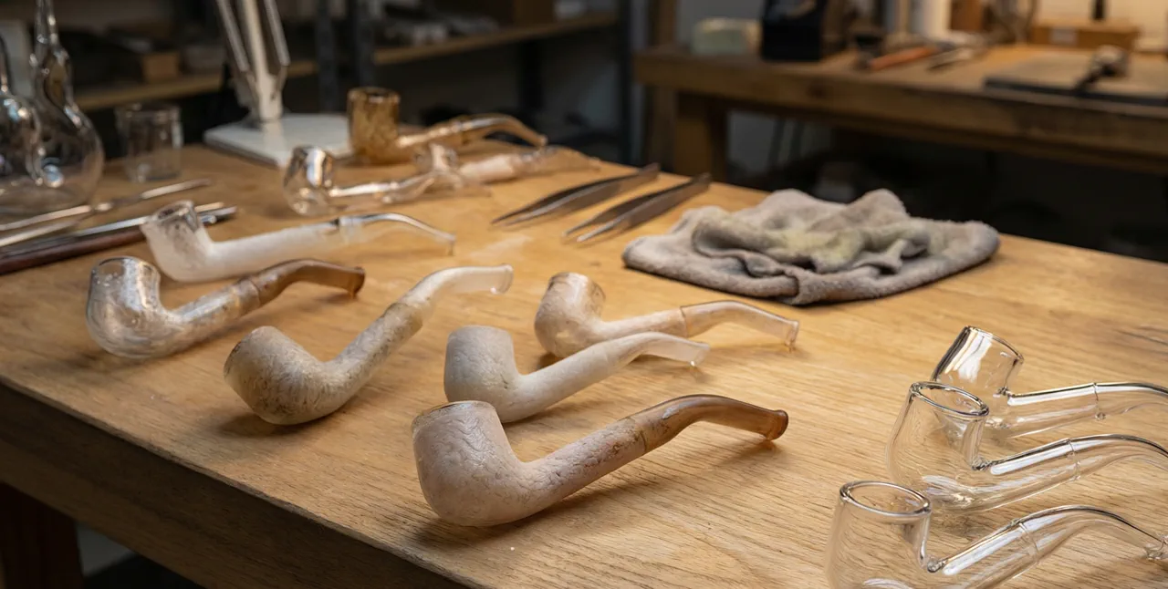 Finished curved glass sherlock pipes on workshop workbench