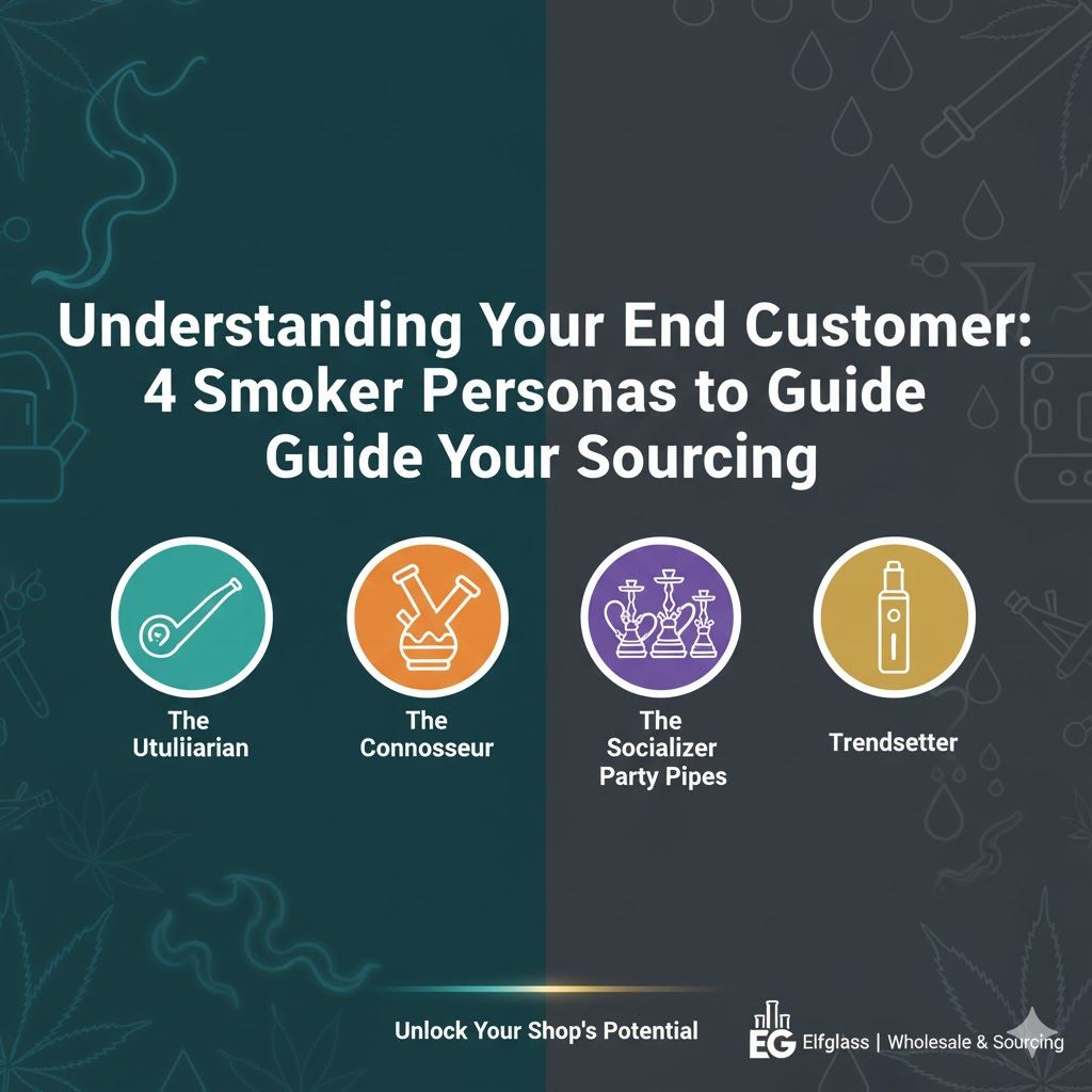 Smoker persona infographic with pipe bong hookah vape icons, Elfglass wholesale customer sourcing guide