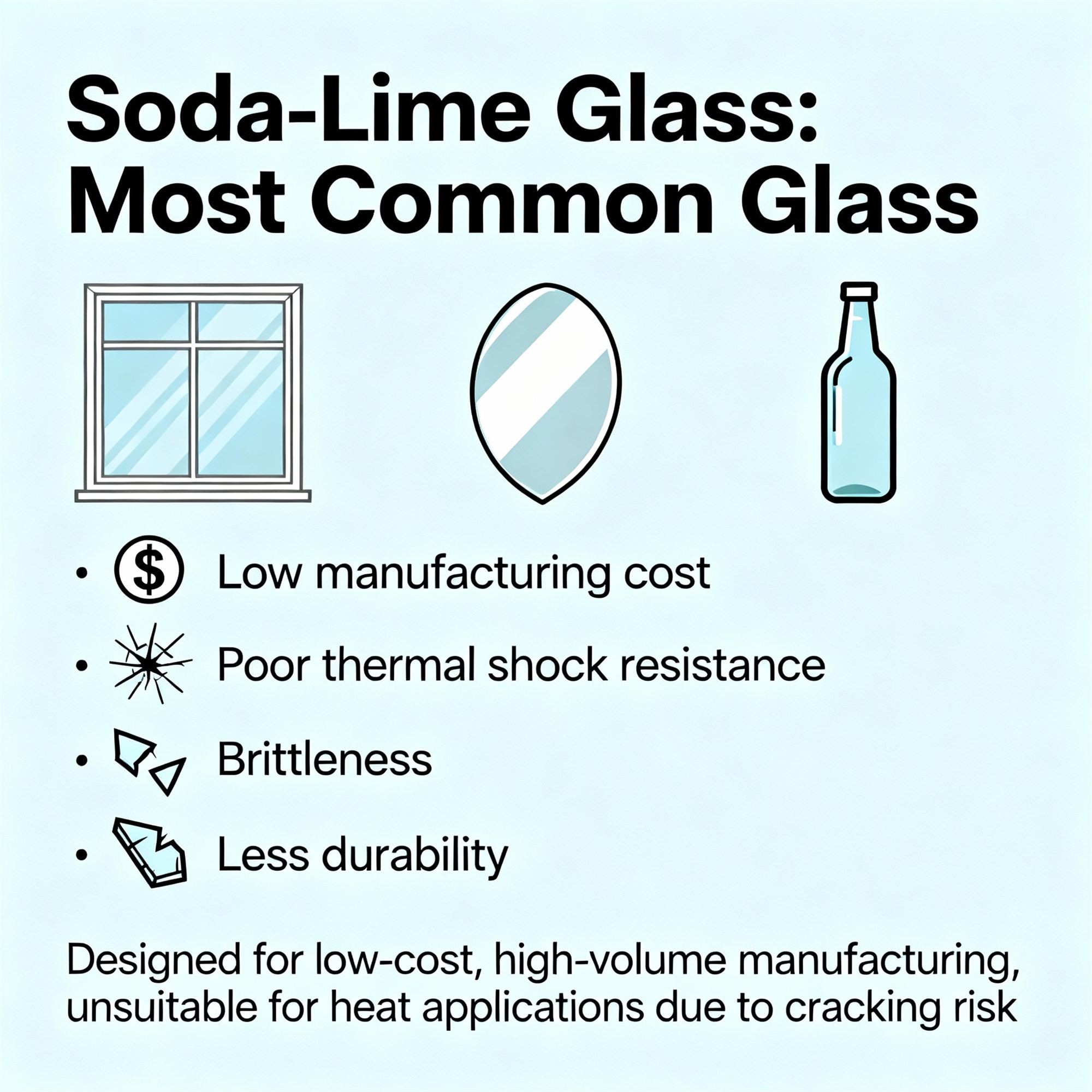 Educational graphic explaining soda-lime glass common uses windows mirrors bottles and low cost brittleness