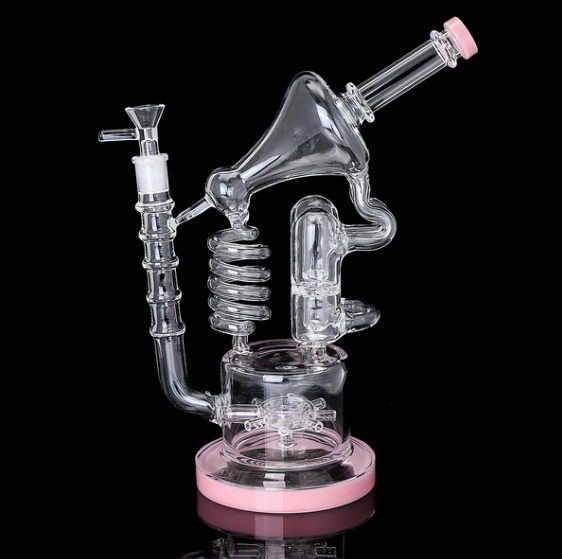 Five colorful glass bongs showing the range of wholesale percolator and color options available for custom orders