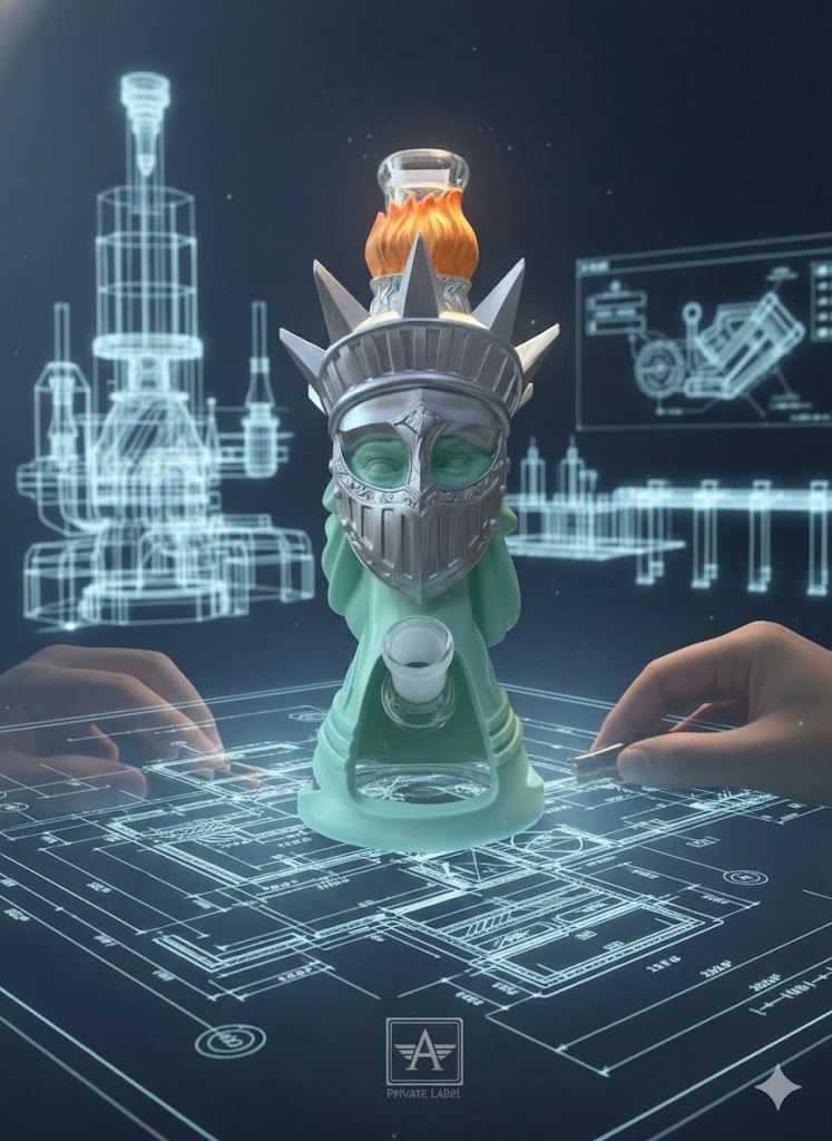 Futuristic statue of liberty shaped glass bong with silver crown and torch on glowing engineering blueprint background