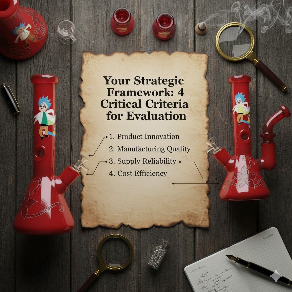 Parchment scroll listing four supplier evaluation criteria surrounded by red glass bongs and magnifying glasses