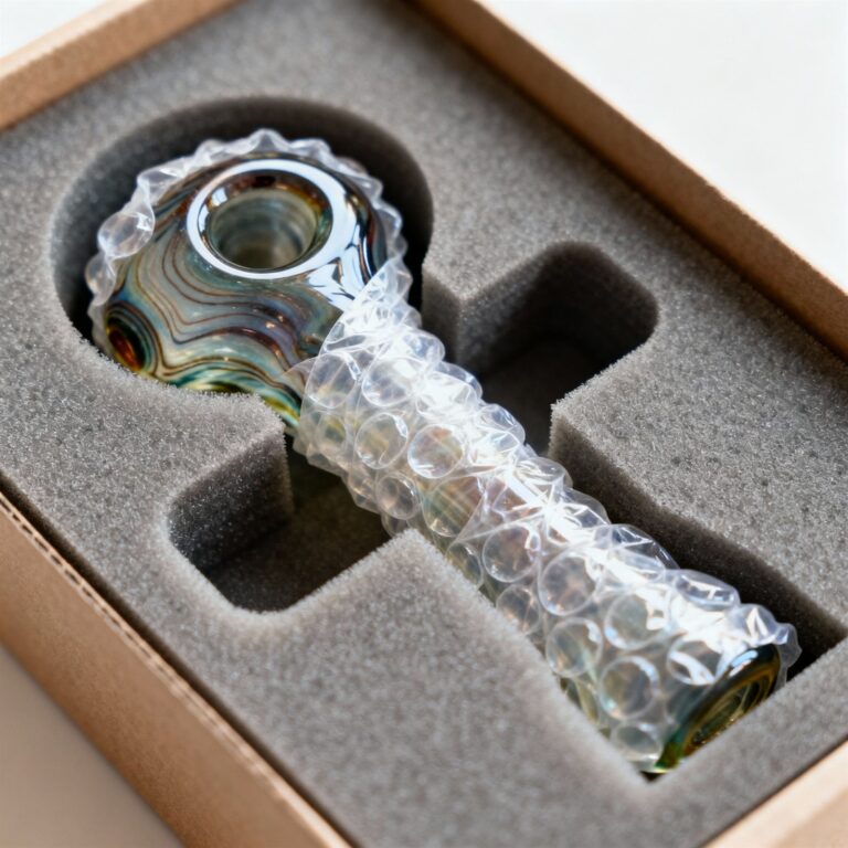 Swirled glass hand pipe with scalloped rim secured in custom foam packaging and bubble wrap