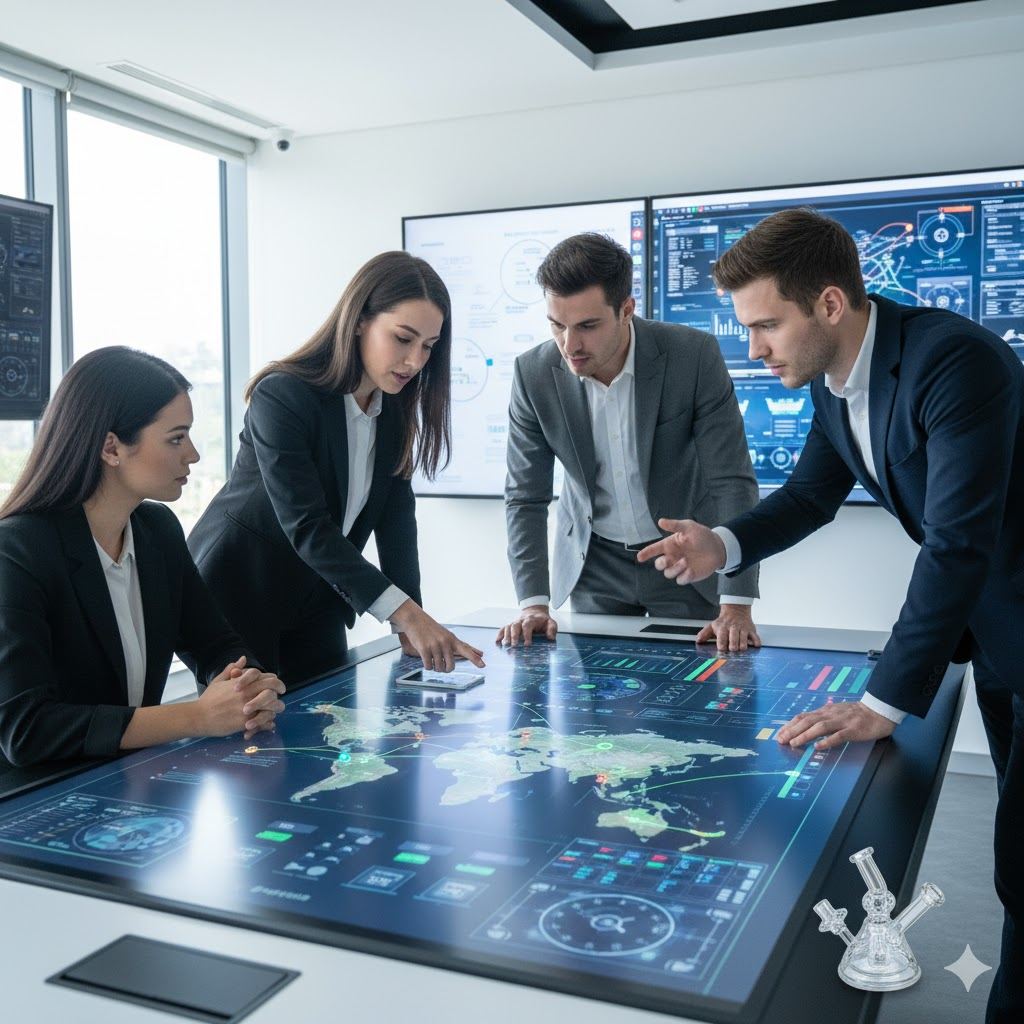Modern team analyzing global data dashboards on interactive digital table in bright high-tech office