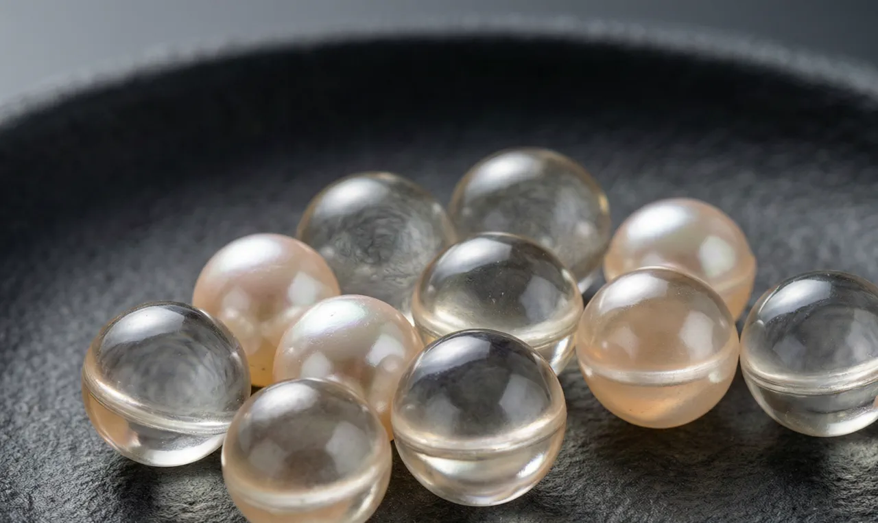 Borosilicate glass terp pearls in clear and amber colors arranged on a stone dish