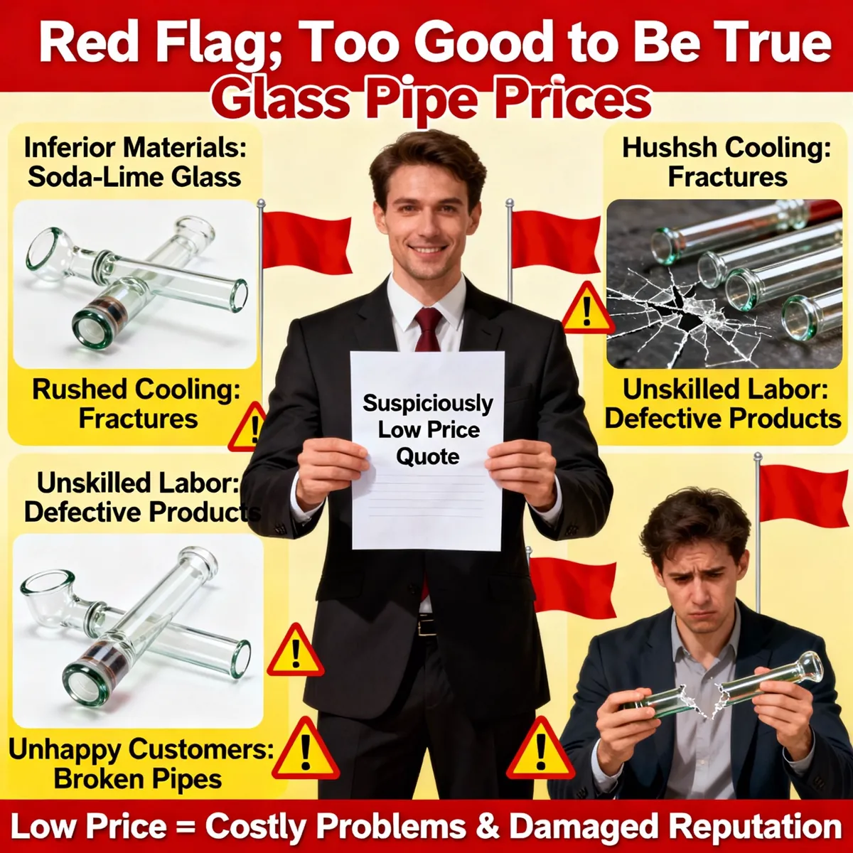 Warning infographic on suspiciously low glass pipe prices and quality red flags