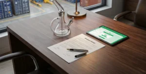 Trade assurance contract, glass water pipe order and payment confirmation tablet on an import desk with warehouse in background