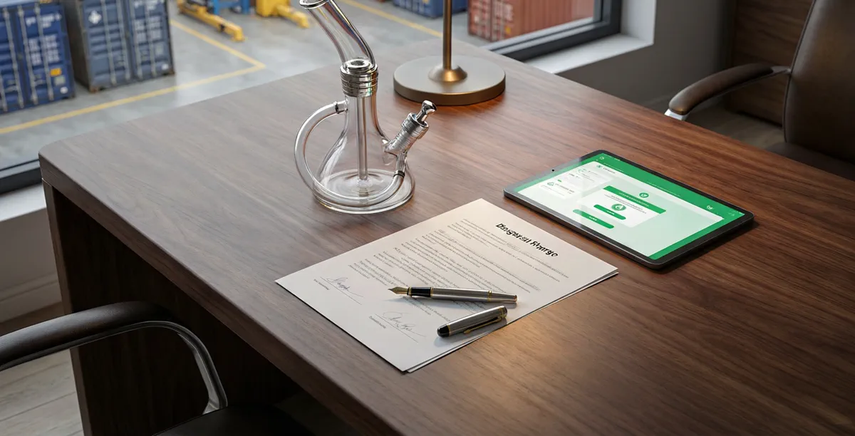 Trade assurance contract, glass water pipe order and payment confirmation tablet on an import desk with warehouse in background