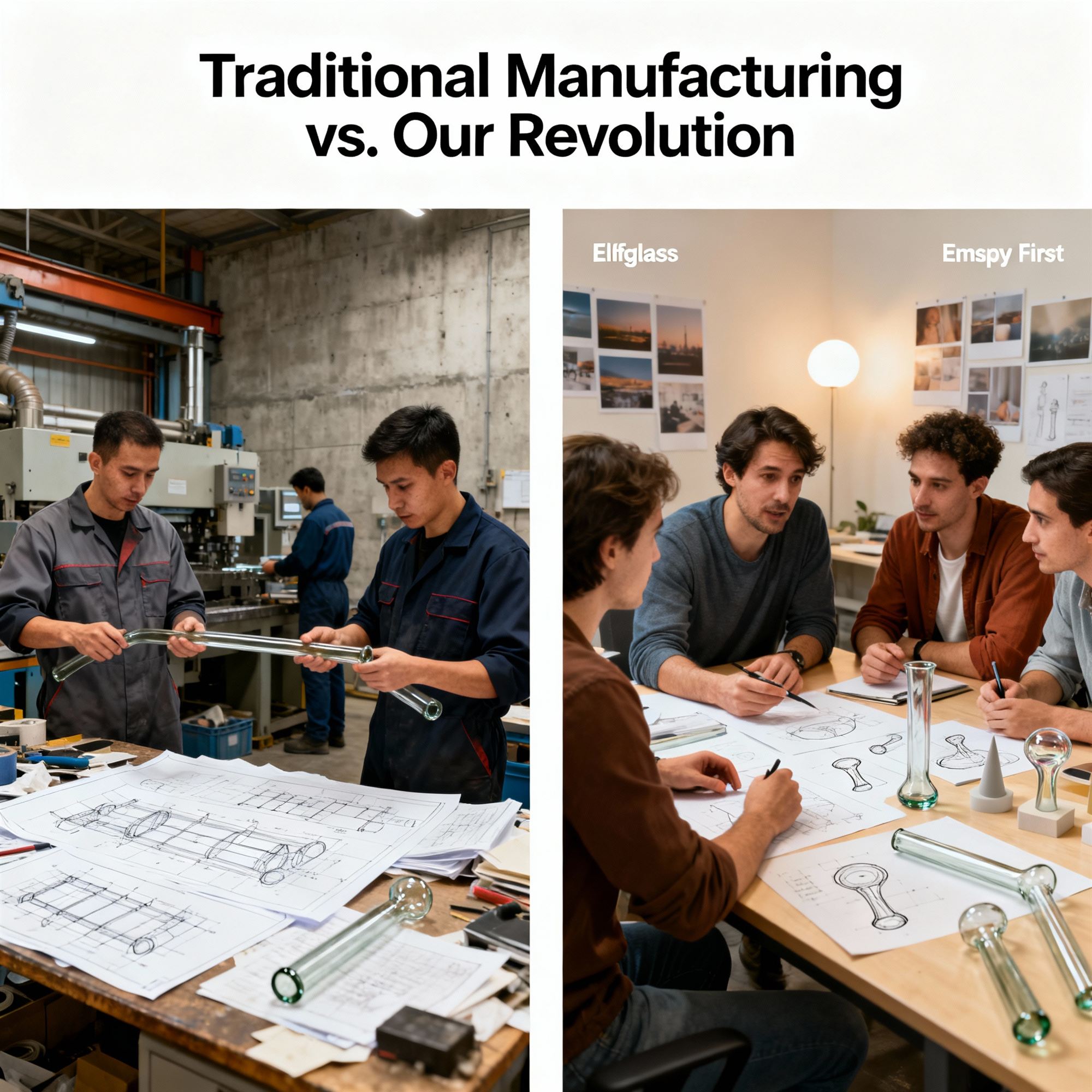 Split graphic contrasting traditional glass factory production with Elfglass collaborative design team approach