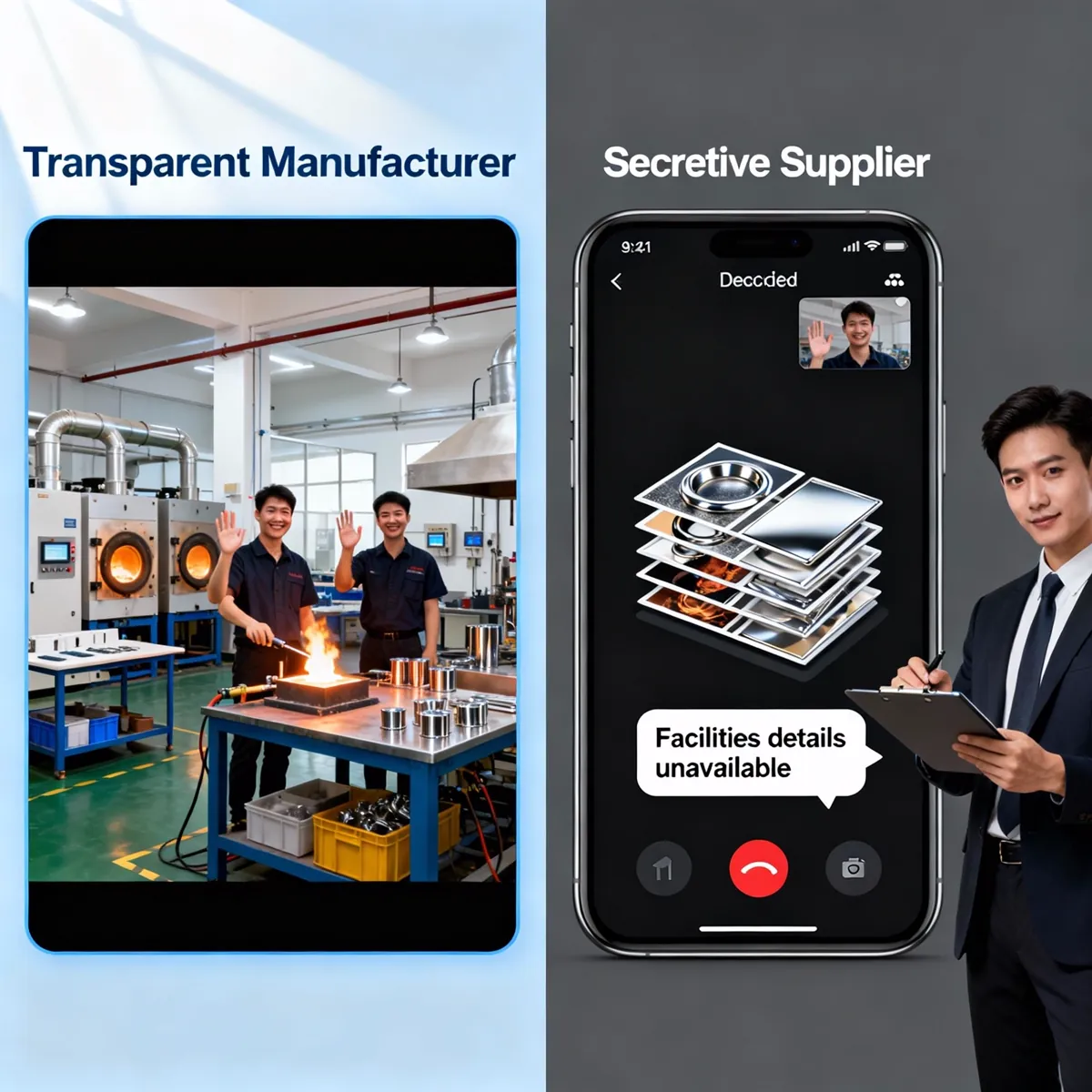 Side by side illustration comparing transparent manufacturer with secretive supplier
