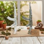 Glass rifle replicas on burlap with succulents and a wooden recycling symbol for a sustainability display
