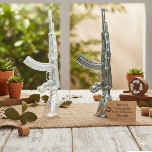 Glass rifle replicas on burlap with succulents and a wooden recycling symbol for a sustainability display