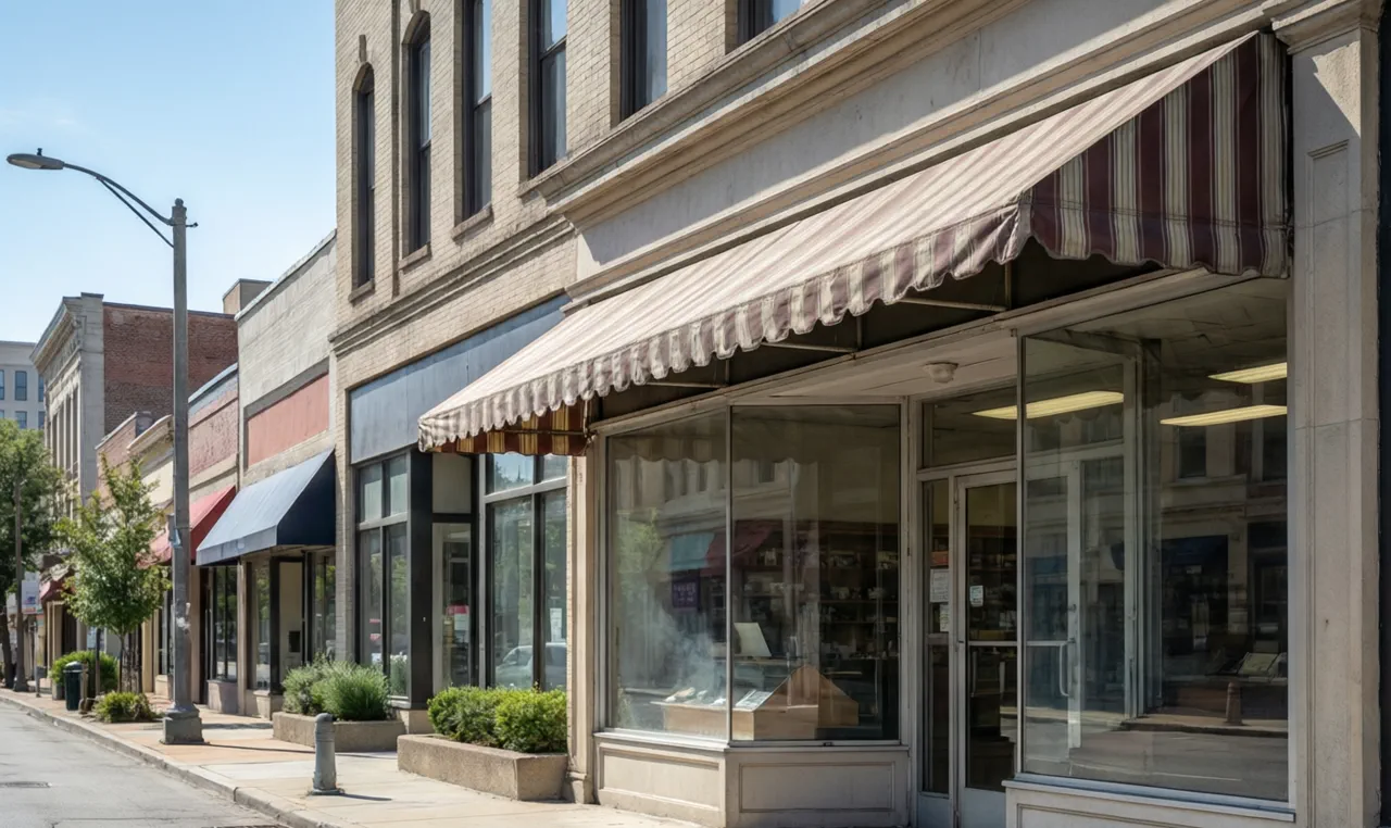 Local smoke shop storefront on a downtown American street