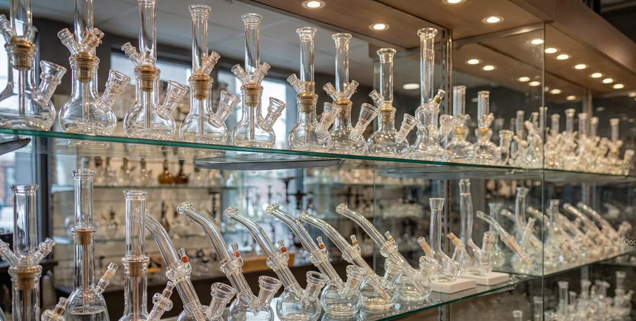 US smoke shop retail display of wholesale glass pipes for state-level market analysis