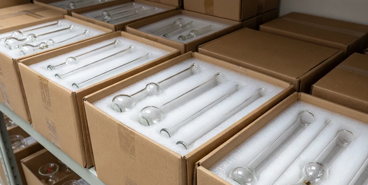 Glass chillums and one-hitters packed in foam-lined wholesale export boxes