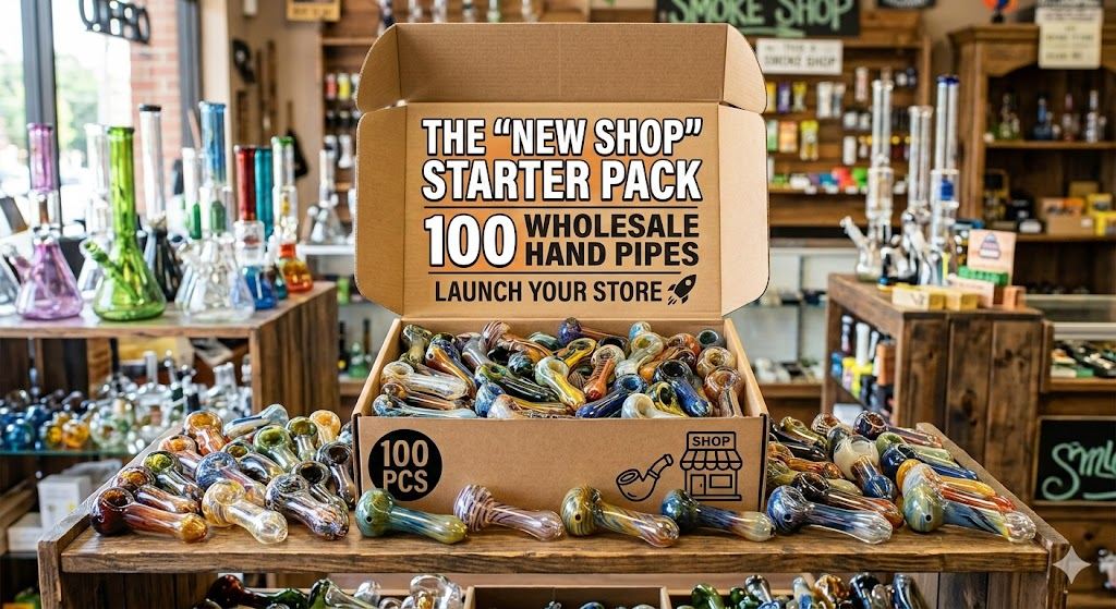 Open wholesale starter pack box filled with colorful glass hand pipes displayed for a new smoke shop