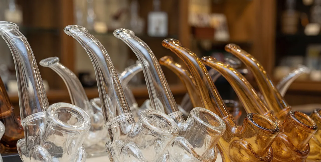 Curved glass sherlock pipes displayed on smoke shop counter