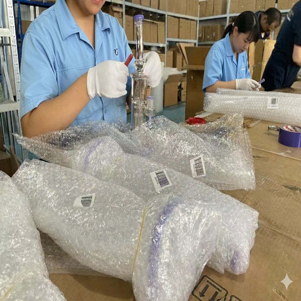 Workers packing clear glass water pipes with purple accents into bubble wrap at warehouse