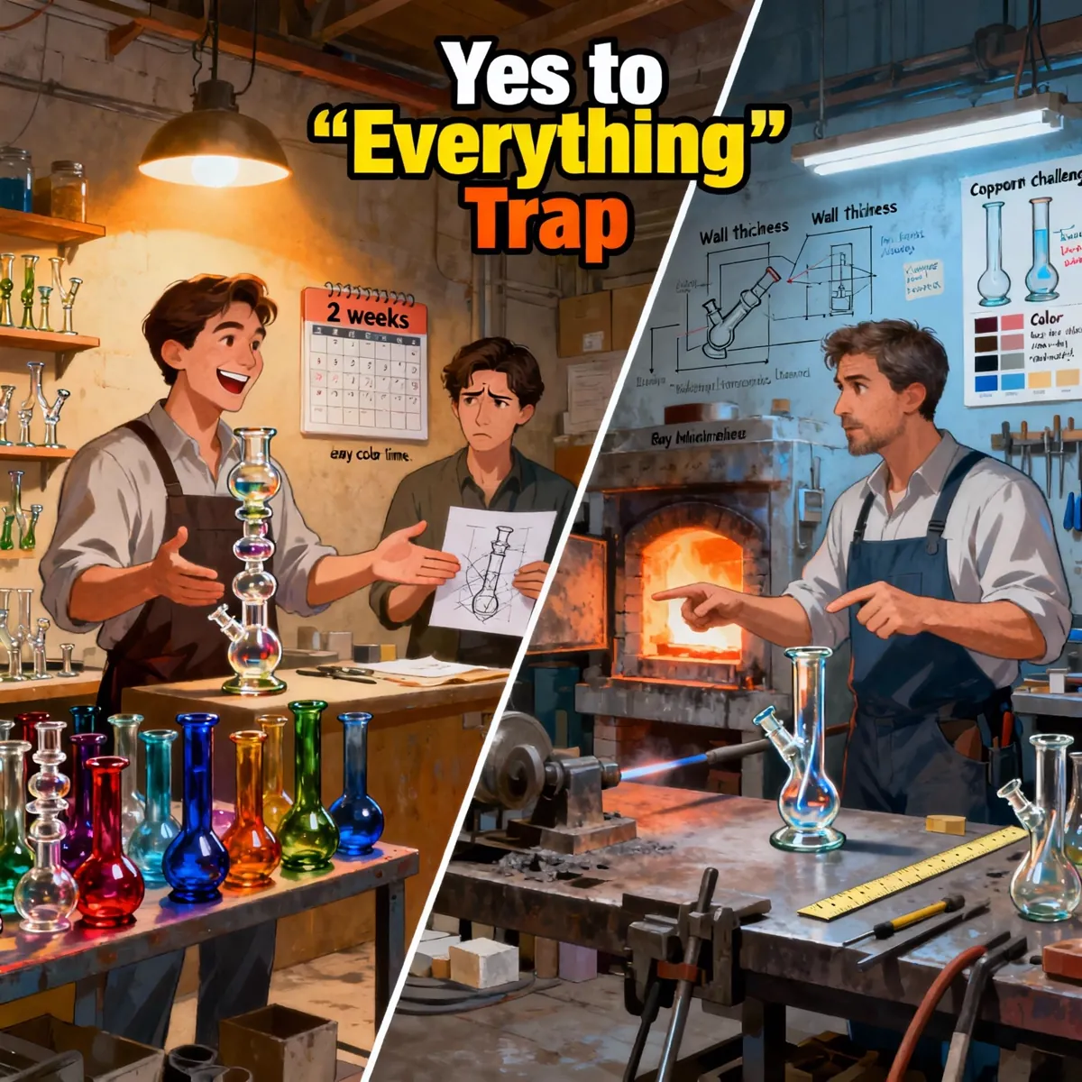 Split illustration of overpromising glassblower versus careful artisan at furnace